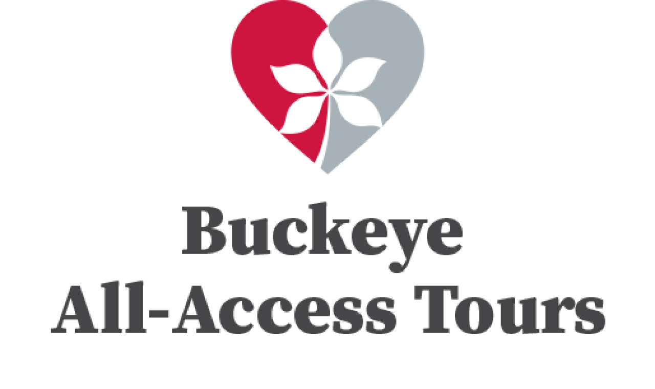 A heart-shaped logo with a red and gray design featuring a stylized buckeye leaf above the words ‘Buckeye All-Access Tours.’